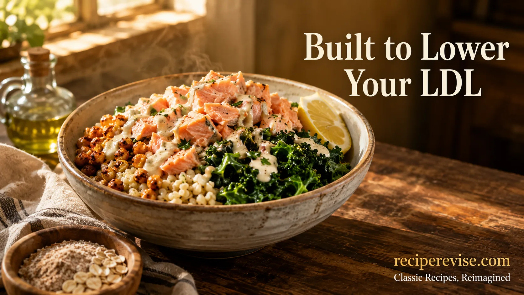 Heart-healthy chickpea, salmon, and barley bowl with tahini dressing, part of a high-fiber cholesterol-lowering meal plan from reciperevise.com