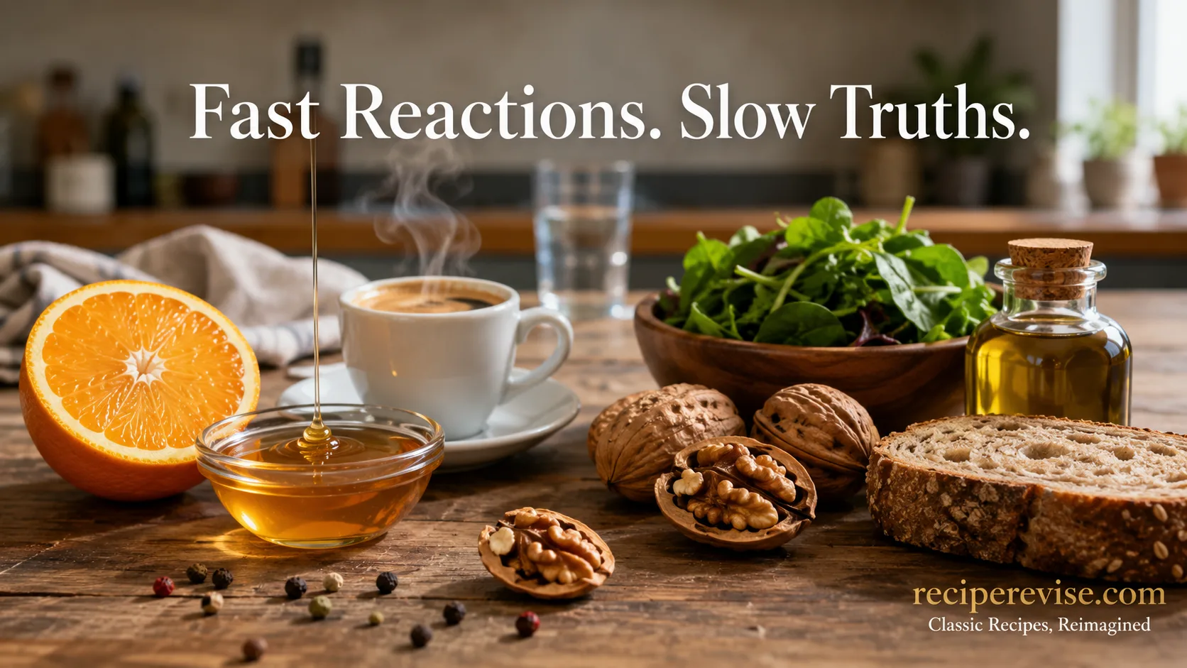 Quick-energy foods like orange and espresso beside slow-nourishment foods like greens, walnuts, and whole-grain bread, illustrating how food affects mood and mental health — reciperevise.com
