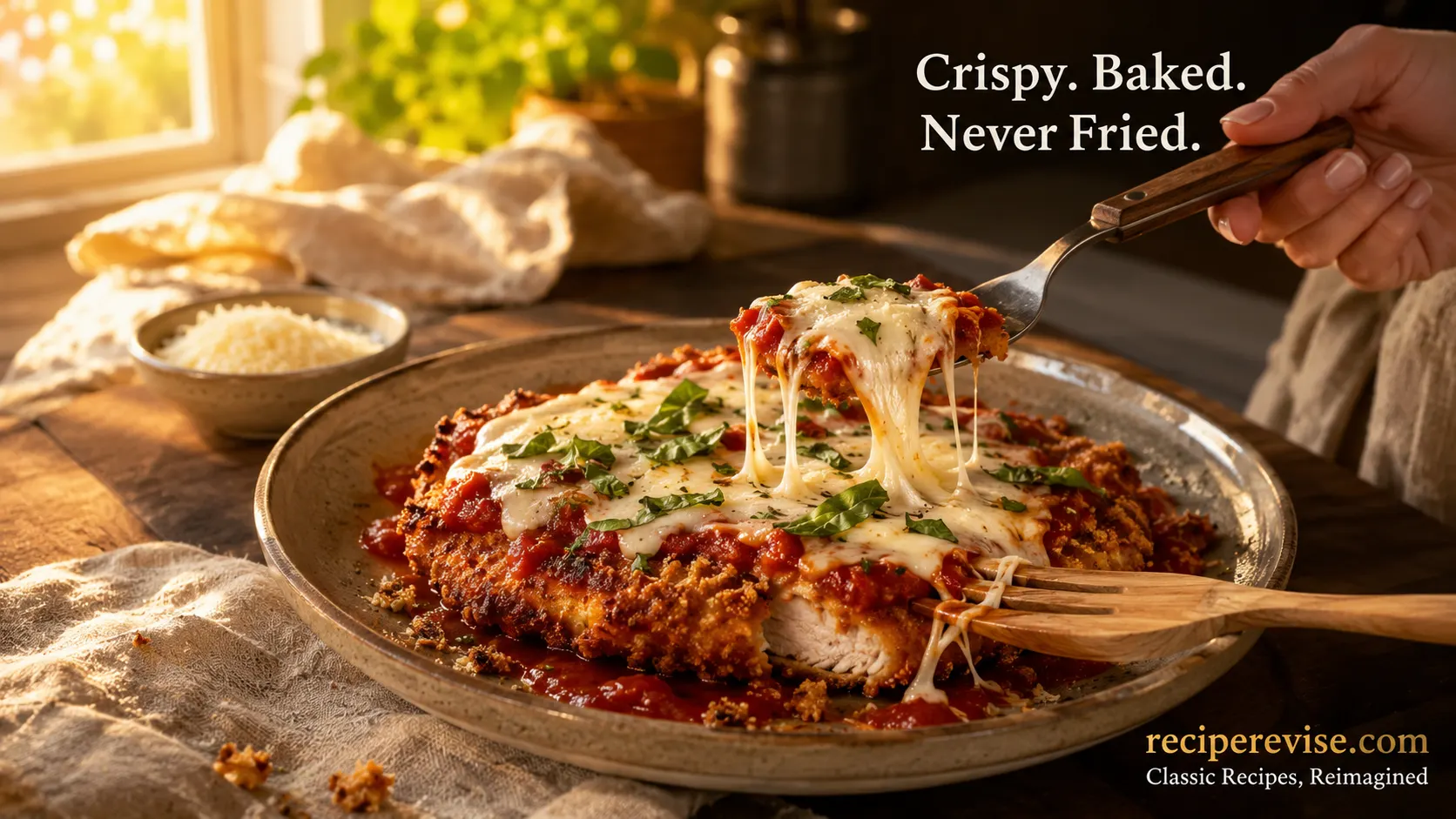 Golden baked chicken parmesan with melted mozzarella and marinara, a reflux-friendly comfort food recipe from reciperevise.com