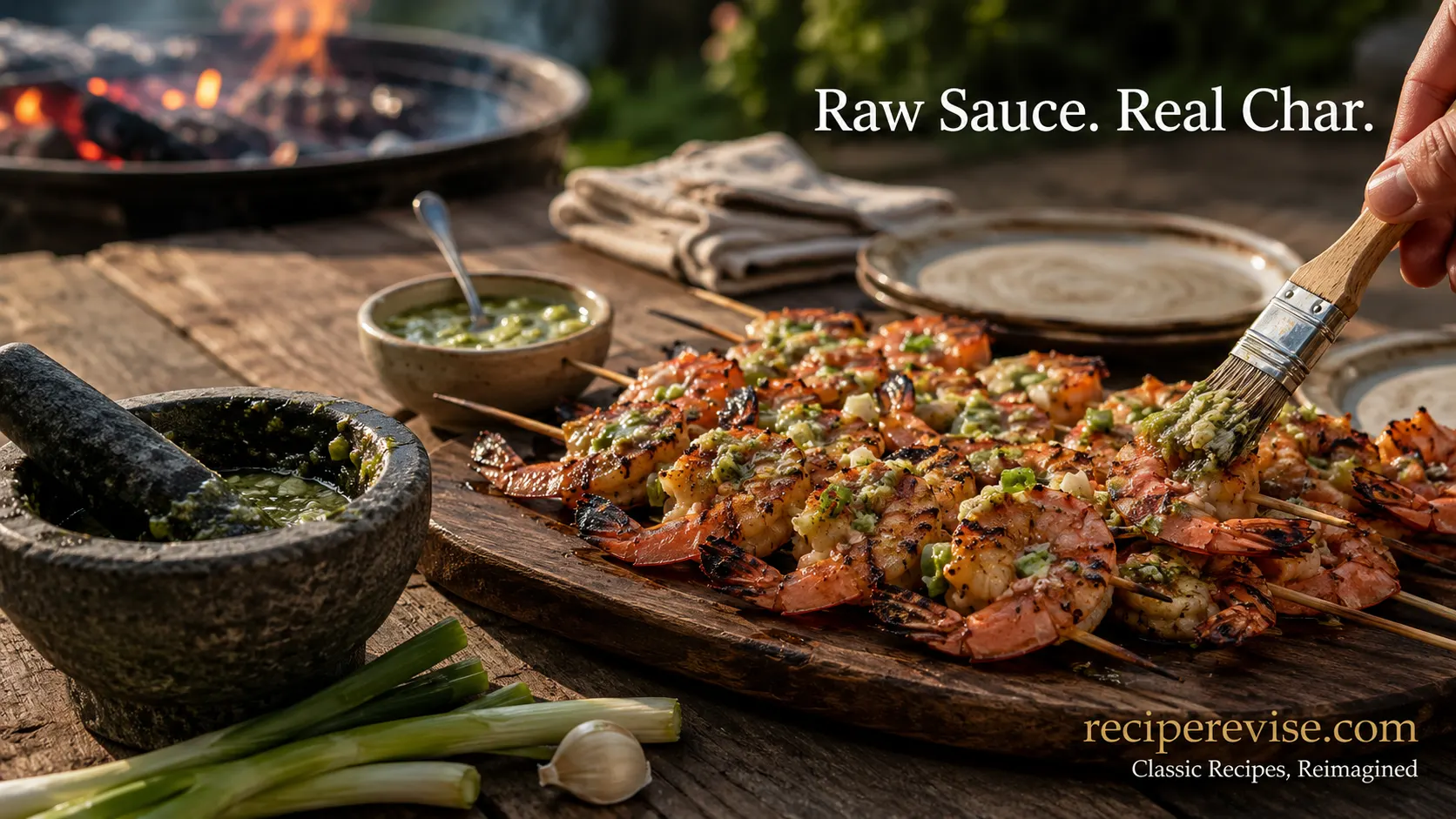 Angolan grilled shrimp skewers with raw garlic-scallion sauce on a wooden board, camarão grelhado com molho cru recipe from reciperevise.com