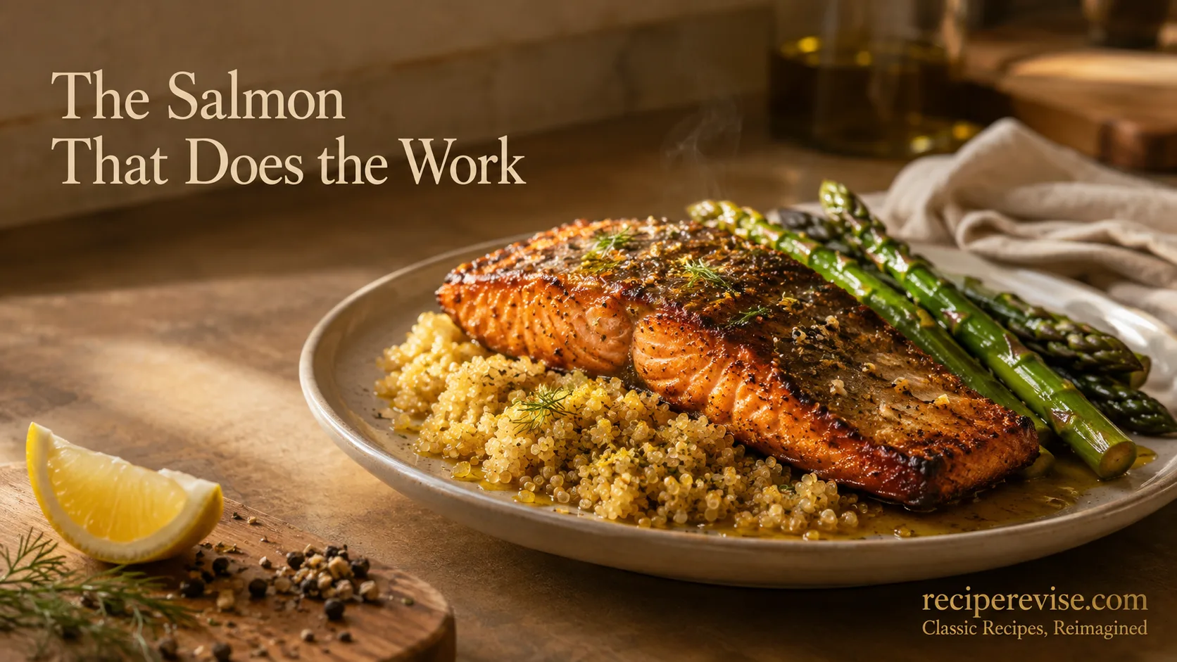 Lemon-garlic baked salmon with quinoa and steamed asparagus on a stoneware plate, a heart-healthy low-sodium dinner recipe from reciperevise.com