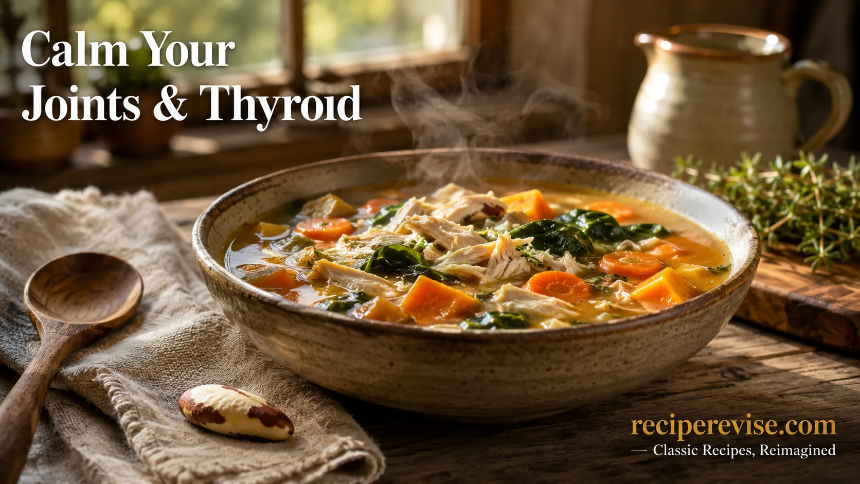 A warm rustic table setting featuring a steaming bowl of anti-inflammatory bone broth stew with chicken and sweet potatoes, designed for rheumatoid arthritis and Hashimoto's thyroiditis support on reciperevise.com