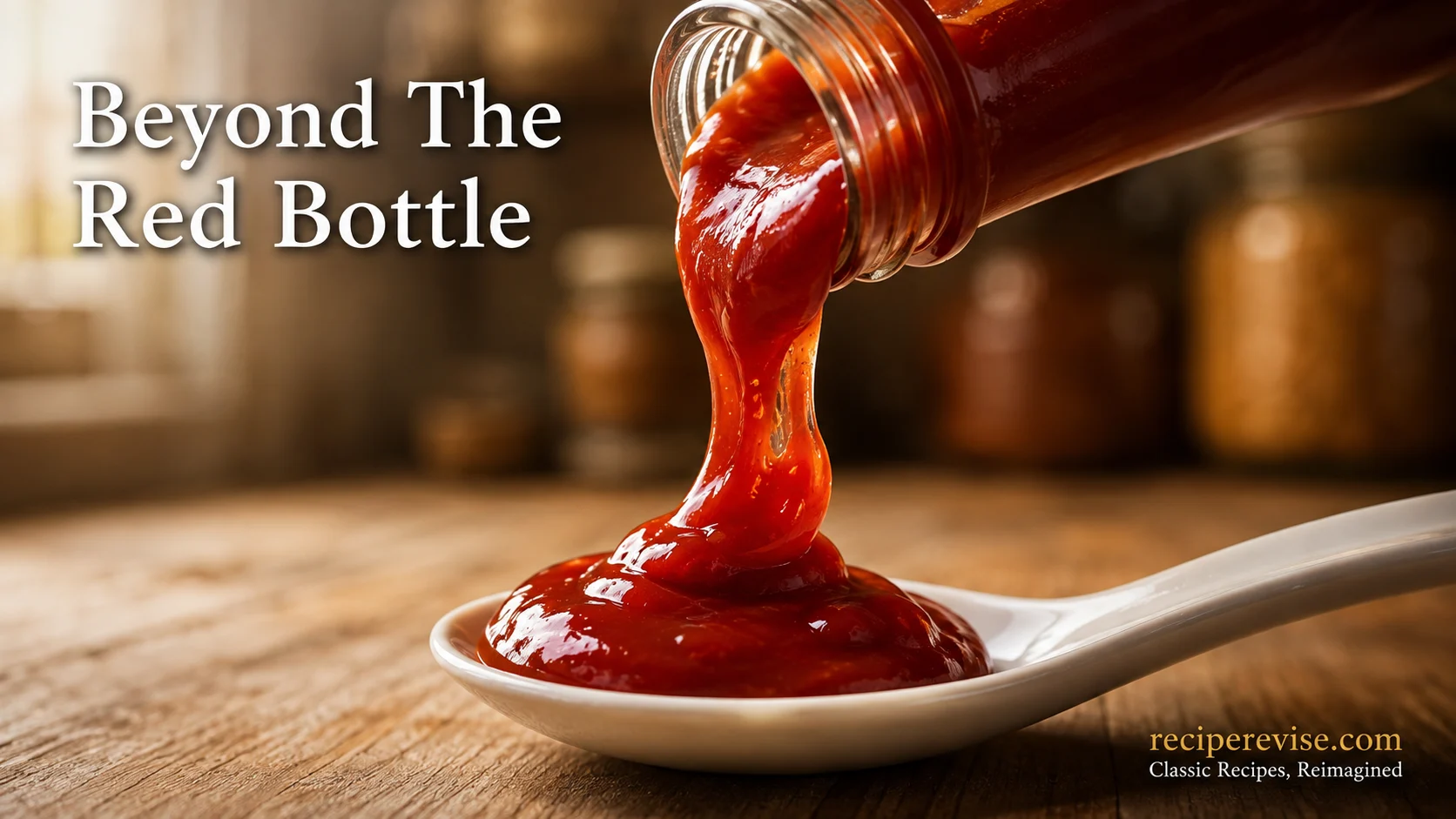 Close-up of glossy tomato ketchup slowly pouring from a glass bottle onto a white ceramic tasting spoon on a wooden kitchen counter, illustrating ketchup ingredients and nutrition facts. Published by Reciperevise.com