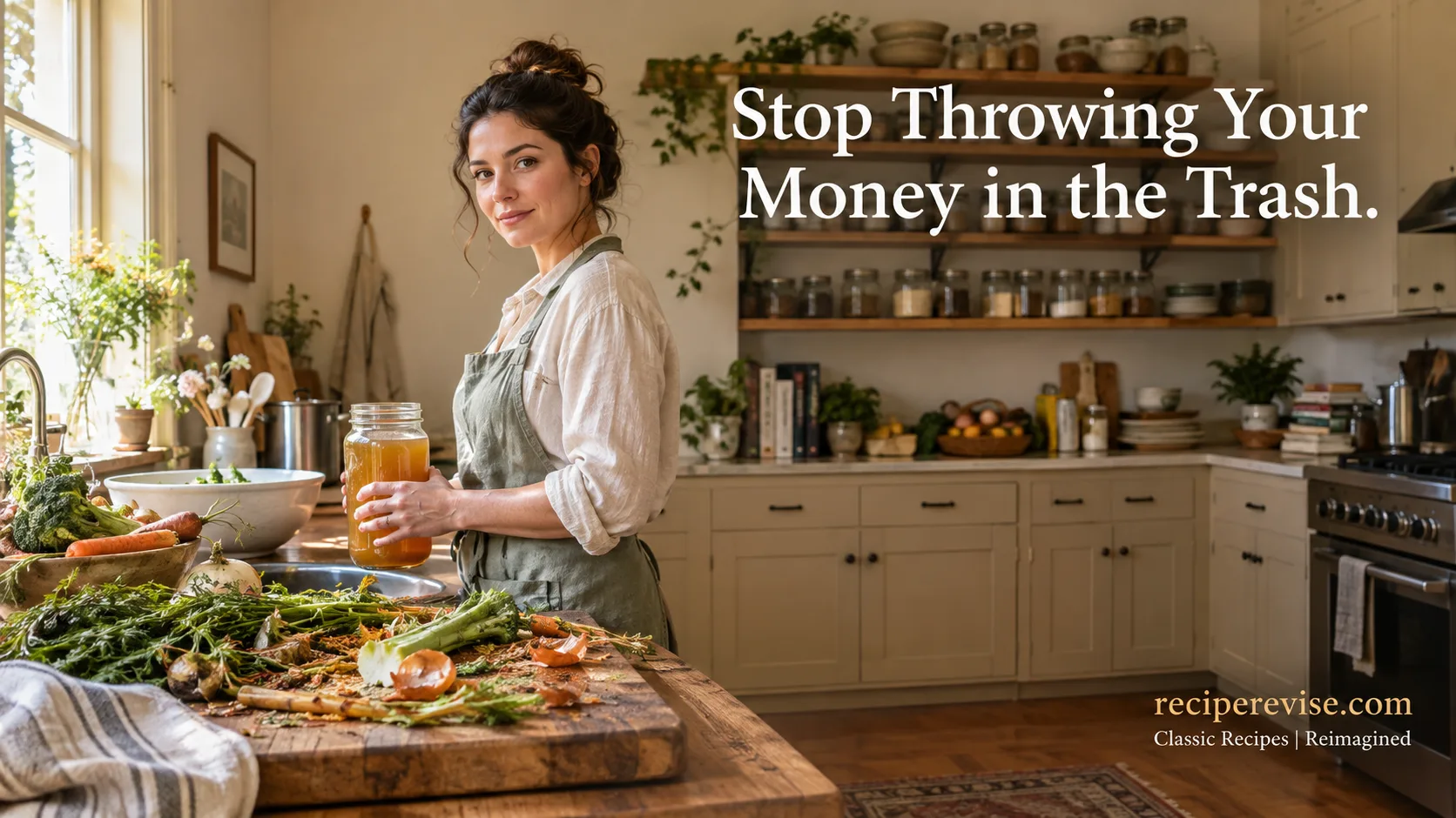 A woman in a sunlit kitchen holding a jar of homemade vegetable broth next to chopped root-to-stem meal prep vegetables, from reciperevise.com
