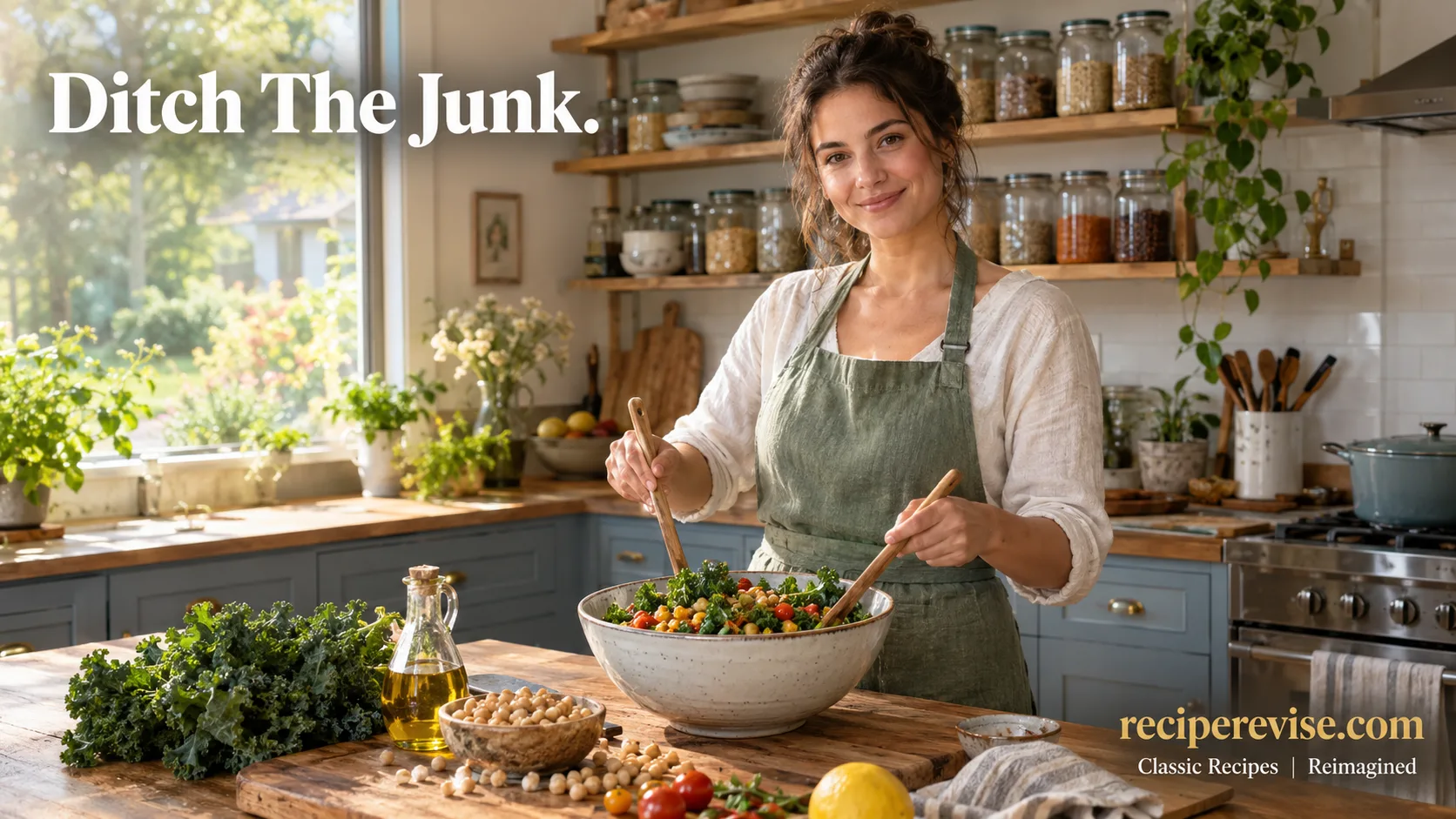 A woman smiling while preparing whole food meal prep in a bright kitchen, replacing ultra-processed foods with healthy pantry staples. Image by reciperevise.com