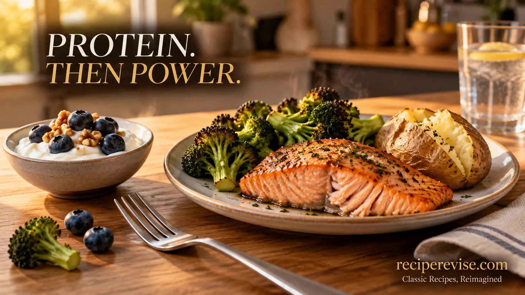GLP-1 diet meal with roasted salmon, broccoli, baked potato and Greek yogurt with blueberries, photographed as an everyday protein-rich meal, reciperevise.com