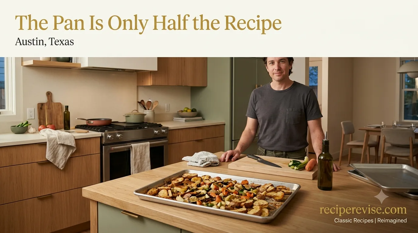 Sheet pan recipes with roasted vegetables and protein in an American kitchen, cook facing camera, reciperevise.com