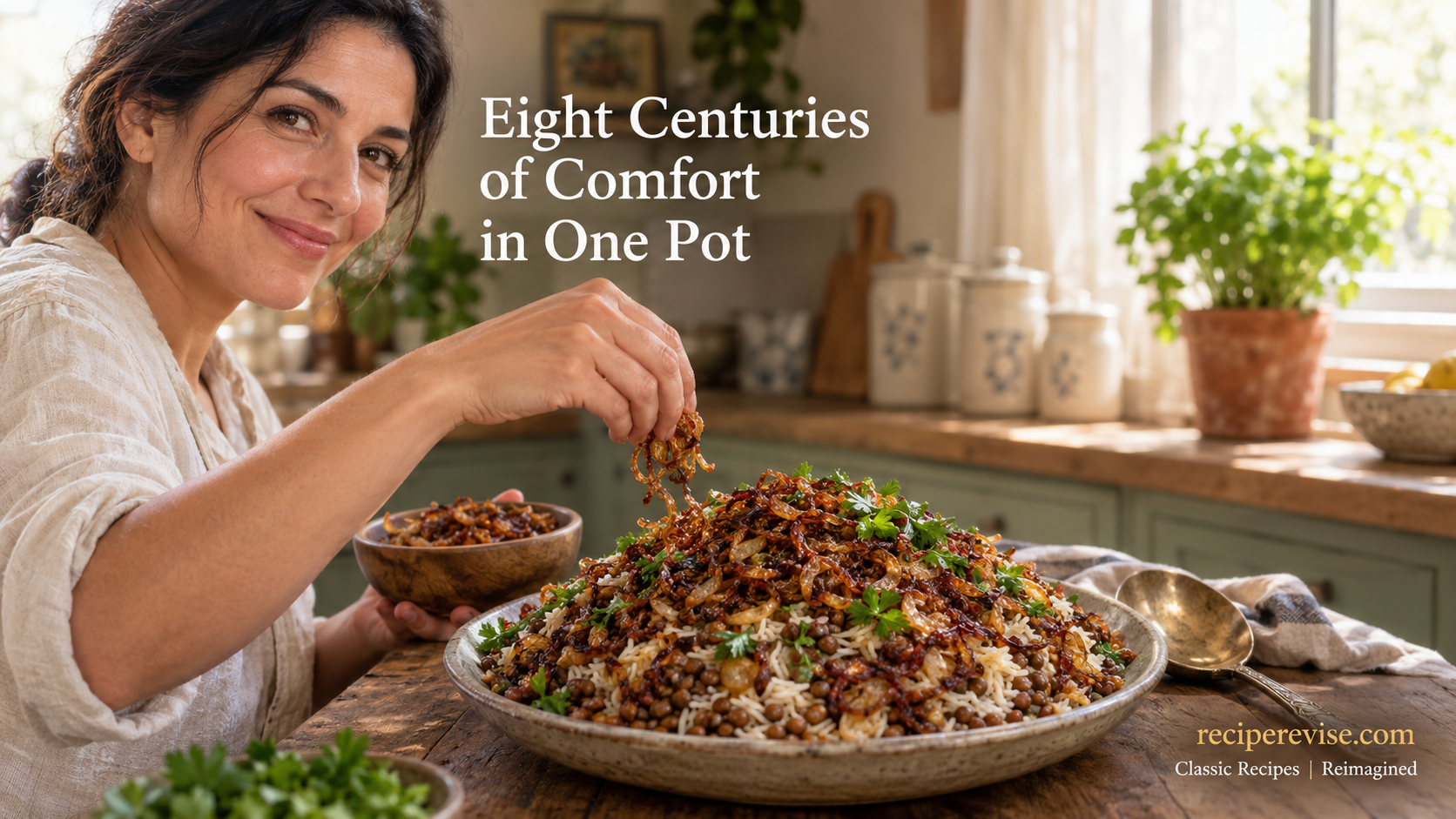 Woman garnishing mujadara lentils and rice with crispy caramelized onions in warm home kitchen - Middle Eastern plant-based comfort food recipe from reciperevise.com