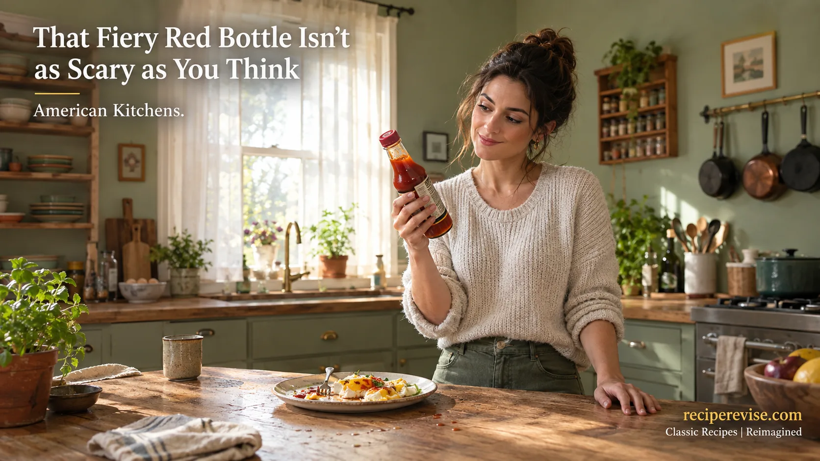 Woman reading chili sauce ingredients label in sunlit kitchen while eating eggs — chili sauce nutrition facts on reciperevise.com