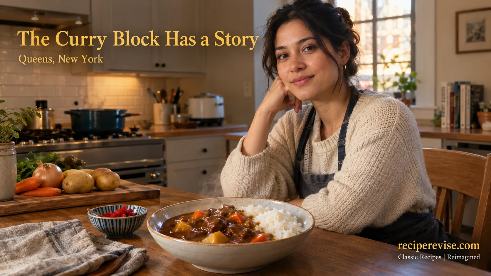 Japanese curry recipe with beef, vegetables and rice in a cozy kitchen, reciperevise.com