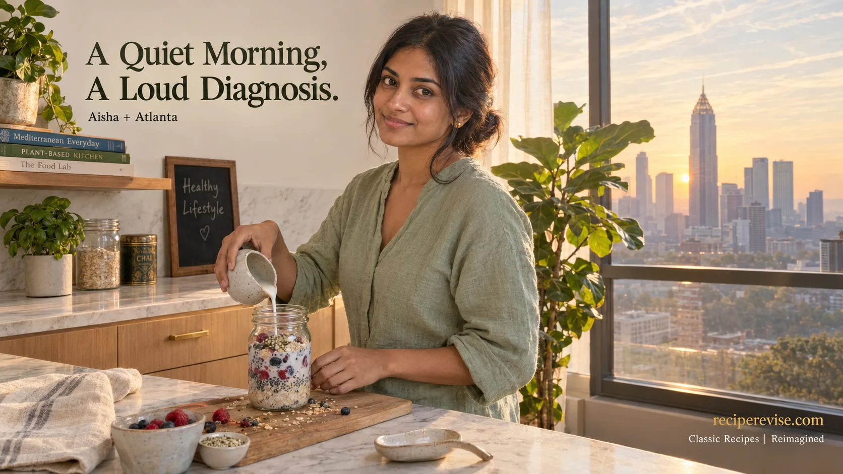 Indian-American woman in a sage linen top smiles at camera while preparing an overnight-oats jar in a sunlit Atlanta kitchen — visual for the PCOS diet and exercise plan for American women, by reciperevise.com